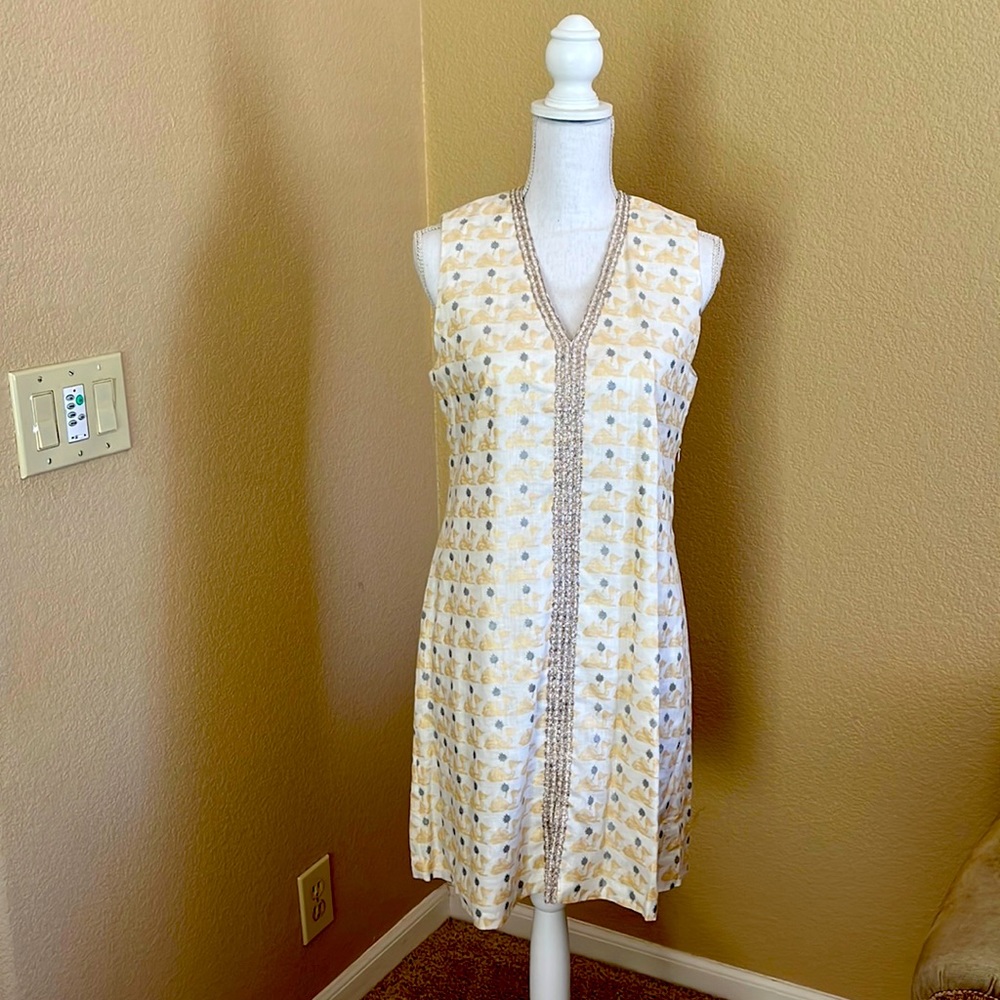 Koch linen dress. Beautiful! White gold & grey bronze metallic detail.